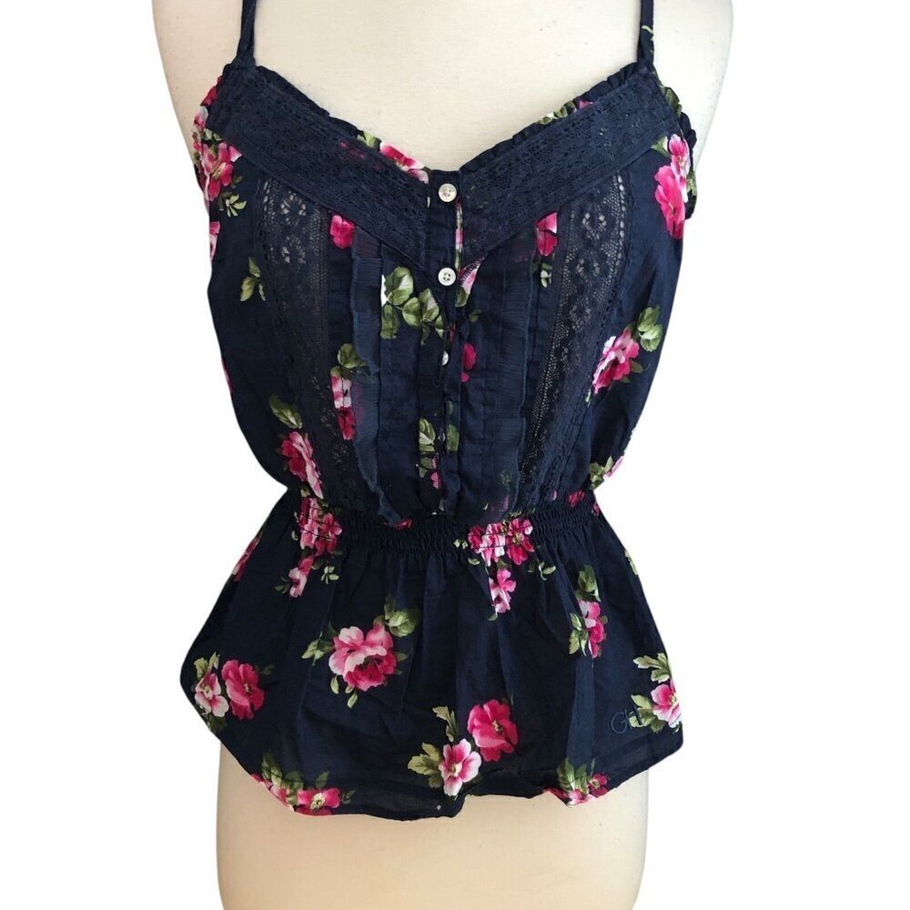 Hollister Gilly Hicks Floral Babydoll Camisole Tank Womens size M Blue Pink Lace